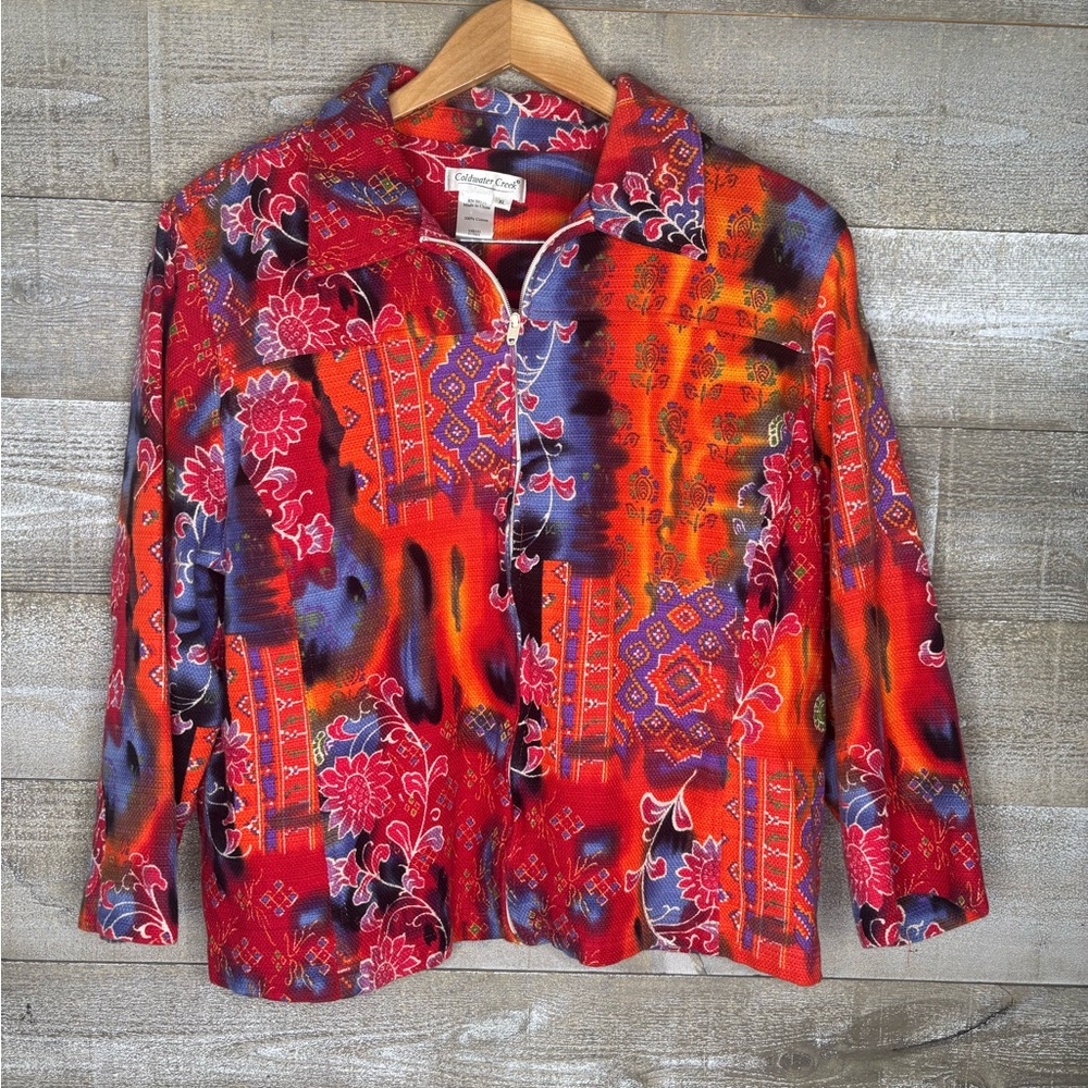 Coldwater Creek colorful 100% cotton Zip-Up funky boho fall art to wear Jacket